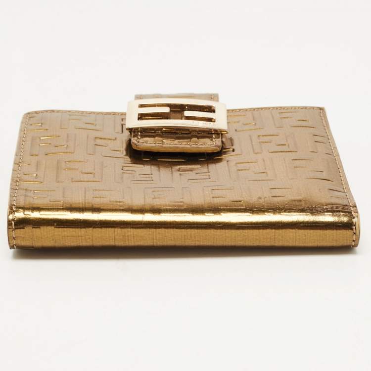 Pre Owned Fendi Gold Zucchino Laminated Leather FF French Wallet