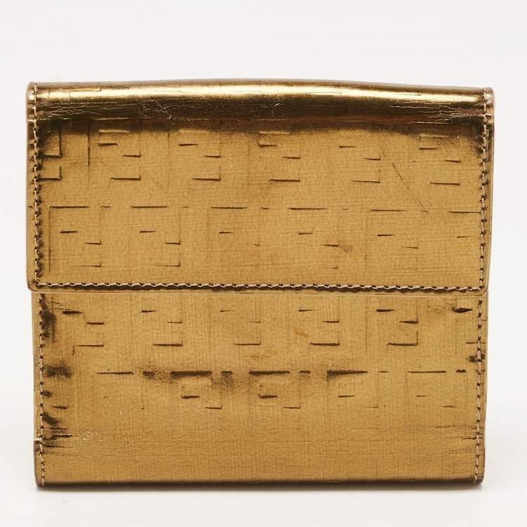 Pre Owned Fendi Gold Zucchino Laminated Leather FF French Wallet