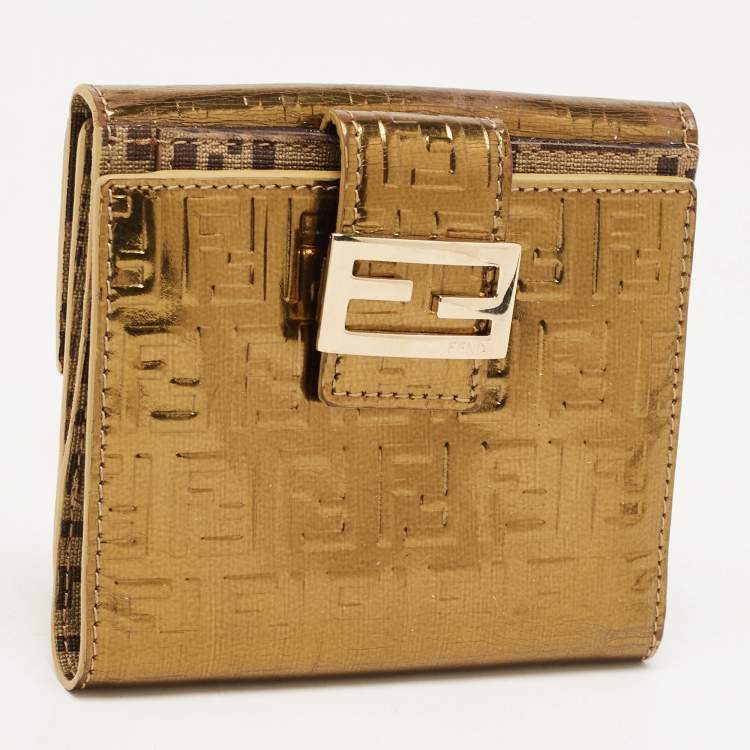 Pre Owned Fendi Gold Zucchino Laminated Leather FF French Wallet