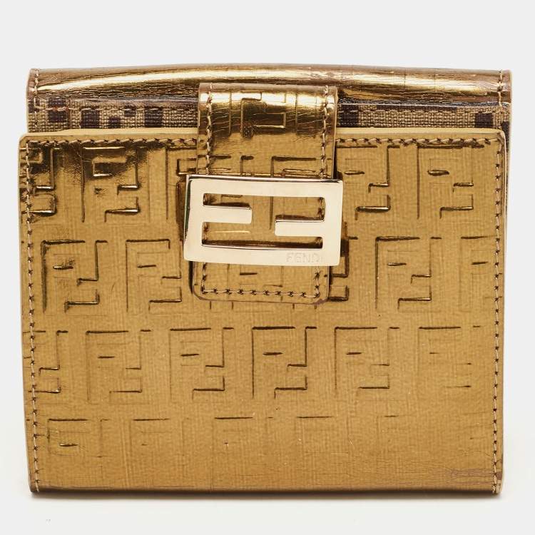 Pre Owned Fendi Gold Zucchino Laminated Leather FF French Wallet