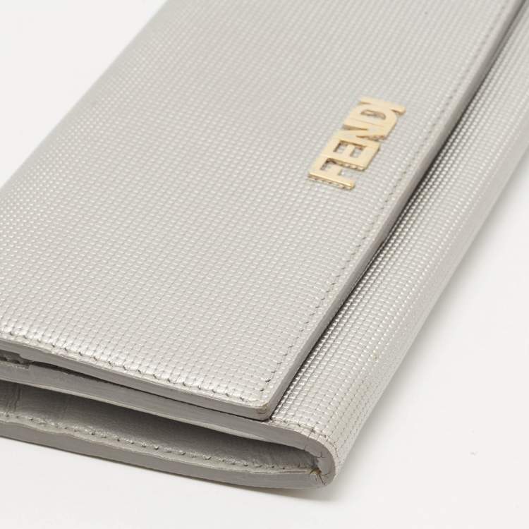 Pre Owned Fendi Silver Textured Leather Logo Flap Continental Wallet