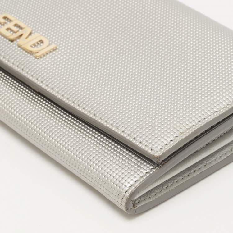 Pre Owned Fendi Silver Textured Leather Logo Flap Continental Wallet
