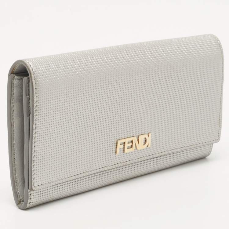 Pre Owned Fendi Silver Textured Leather Logo Flap Continental Wallet