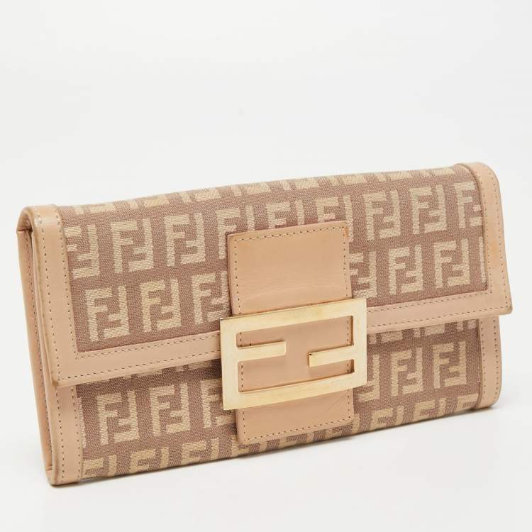 Pre Owned Fendi Light Pink Zucchino Canvas and Leather Forever Flap Continental Wallet