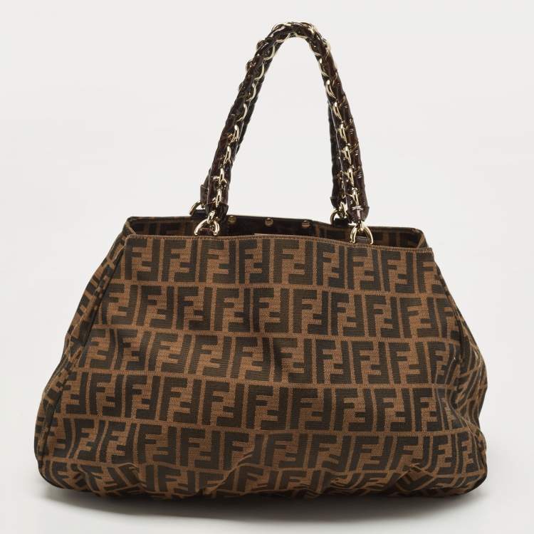Pre Owned Fendi Tobacco Zucca Canvas and Patent Leather Mia Bag