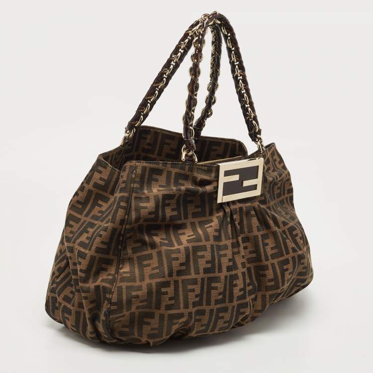 Pre Owned Fendi Tobacco Zucca Canvas and Patent Leather Mia Bag