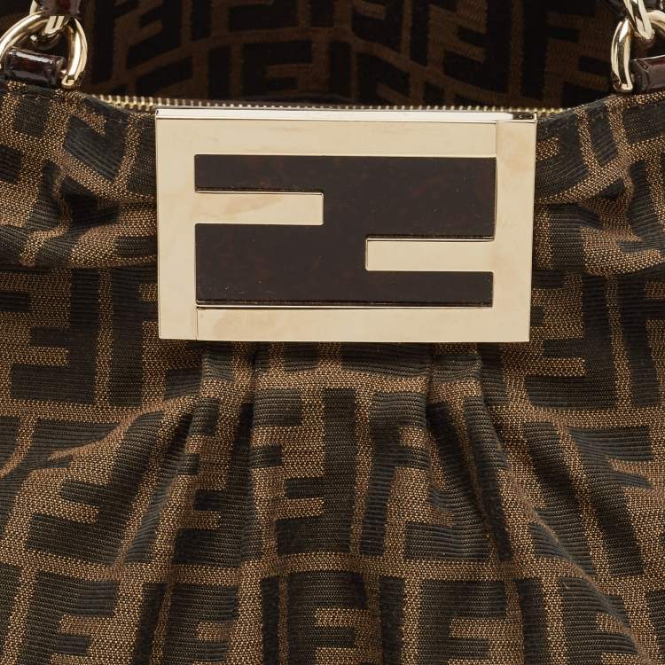 Pre Owned Fendi Tobacco Zucca Canvas and Patent Leather Mia Bag