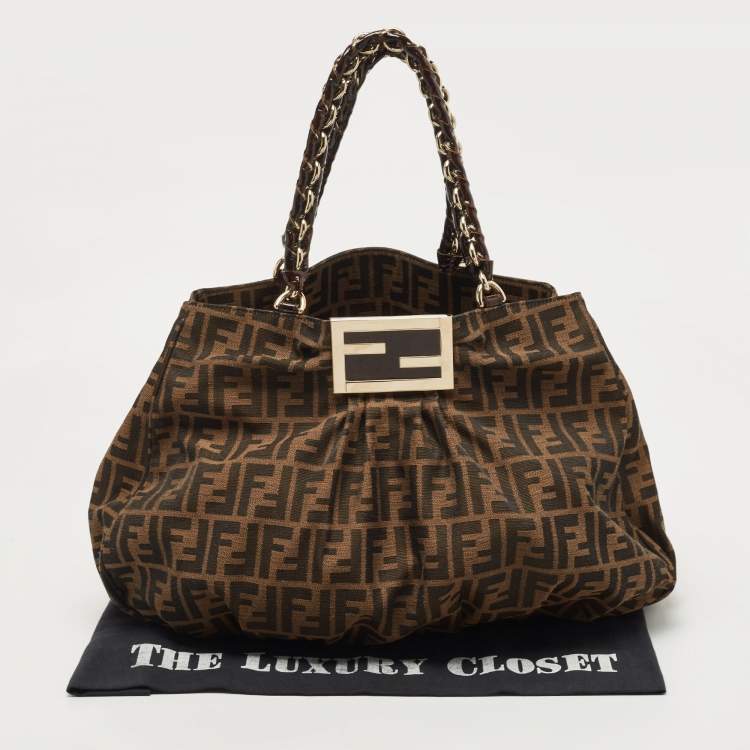 Pre Owned Fendi Tobacco Zucca Canvas and Patent Leather Mia Bag