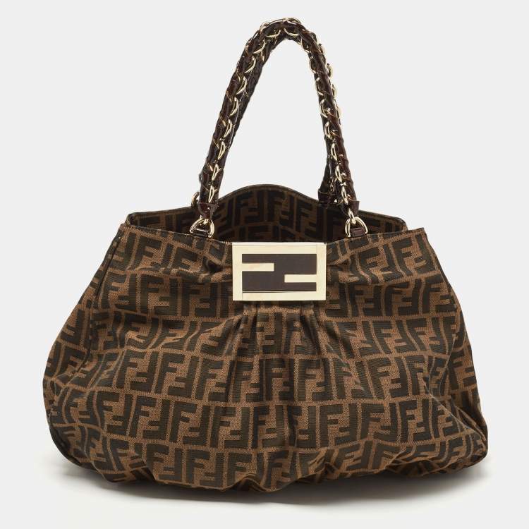 Pre Owned Fendi Tobacco Zucca Canvas and Patent Leather Mia Bag