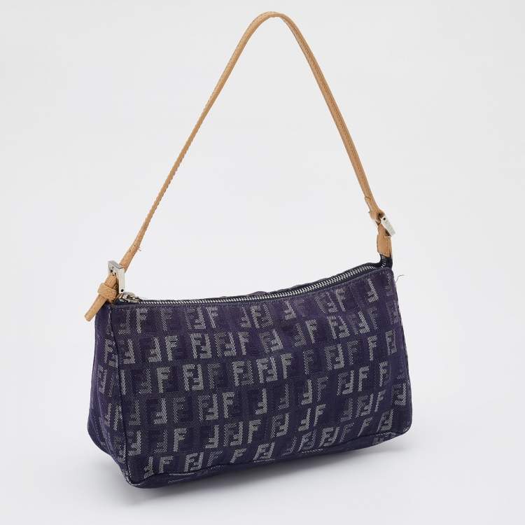 Pre Owned Fendi Blue/Beige Zucchino Canvas and Leather Pochette Bag