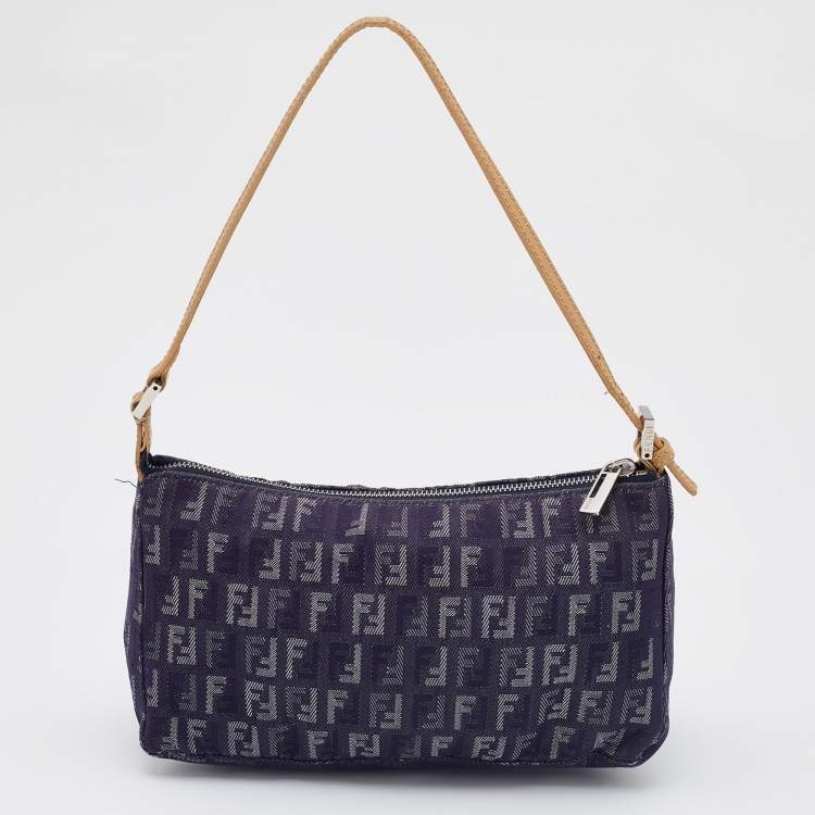 Pre Owned Fendi Blue/Beige Zucchino Canvas and Leather Pochette Bag