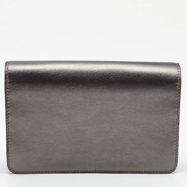 Pre Owned Fendi Metallic Dark Grey Leather Crystal Stud Tube Wallet On Chain