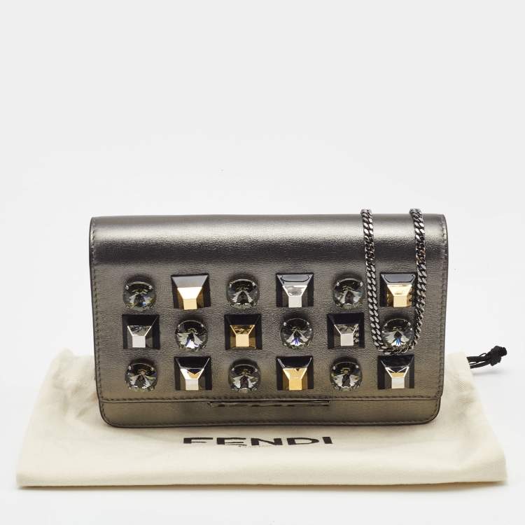 Pre Owned Fendi Metallic Dark Grey Leather Crystal Stud Tube Wallet On Chain