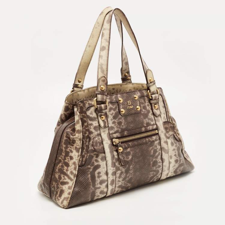 Pre Owned Fendi Brown.Cream Karung Leather De Jour Tote