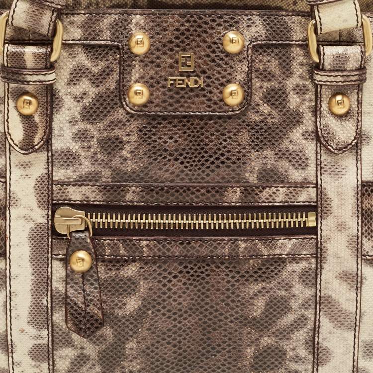 Pre Owned Fendi Brown.Cream Karung Leather De Jour Tote