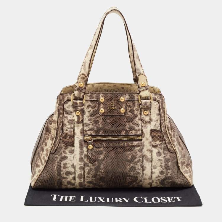 Pre Owned Fendi Brown.Cream Karung Leather De Jour Tote