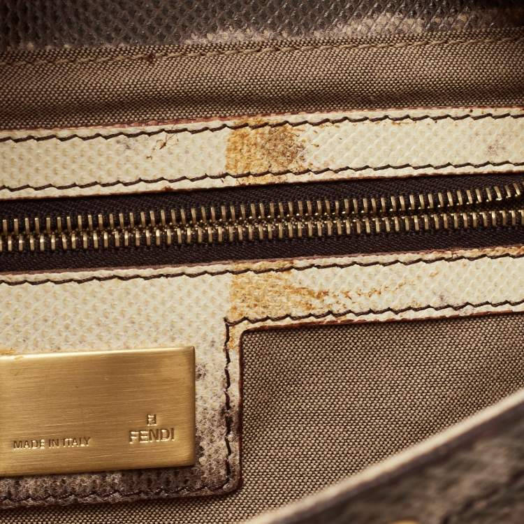 Pre Owned Fendi Brown.Cream Karung Leather De Jour Tote