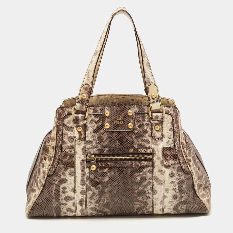 Pre Owned Fendi Brown.Cream Karung Leather De Jour Tote