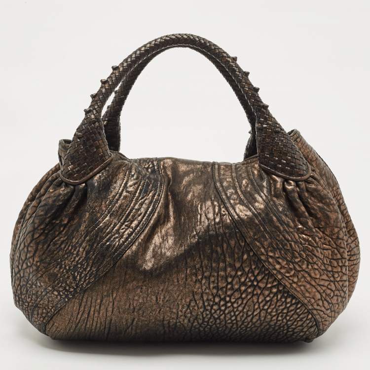 Pre Owned Fendi Bronze Textured Leather Spy Hobo