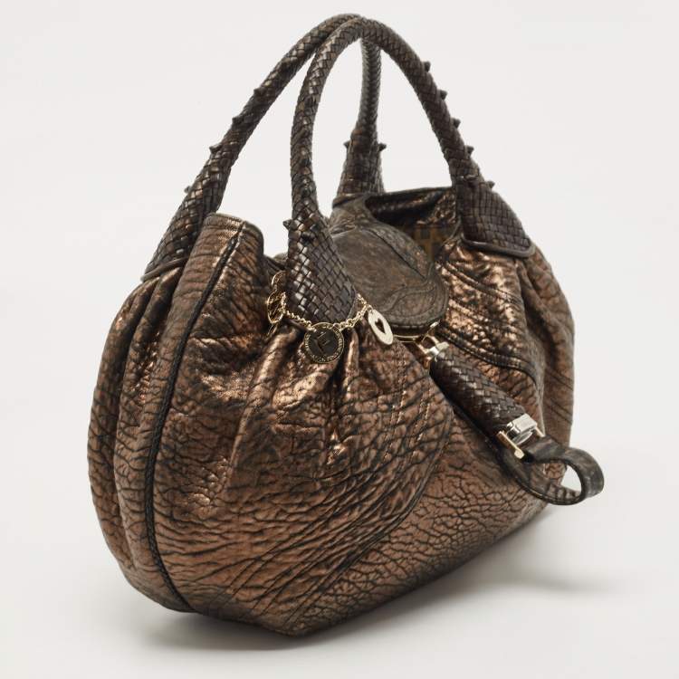 Pre Owned Fendi Bronze Textured Leather Spy Hobo
