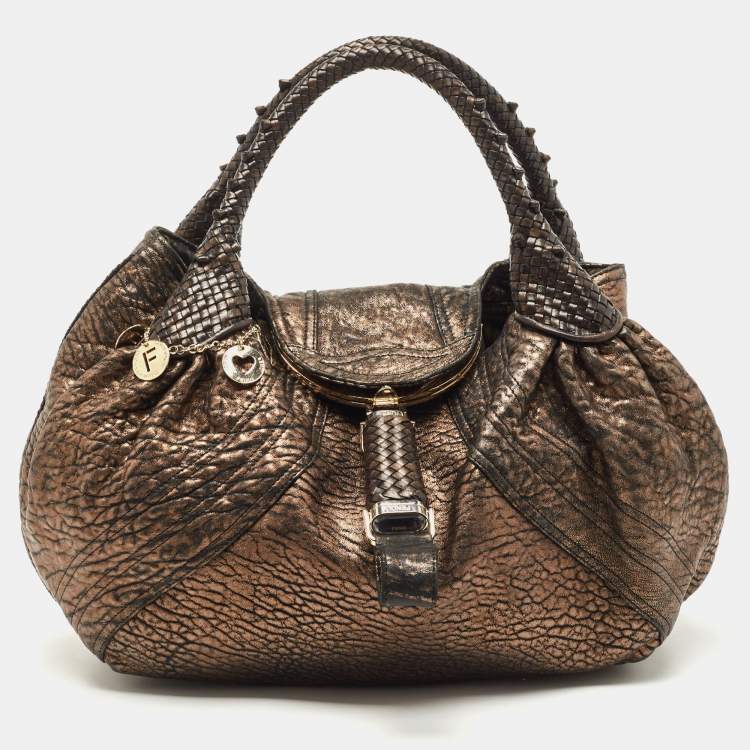 Pre Owned Fendi Bronze Textured Leather Spy Hobo