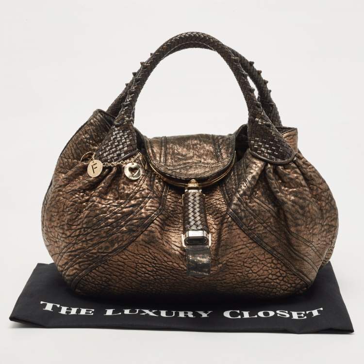 Pre Owned Fendi Bronze Textured Leather Spy Hobo