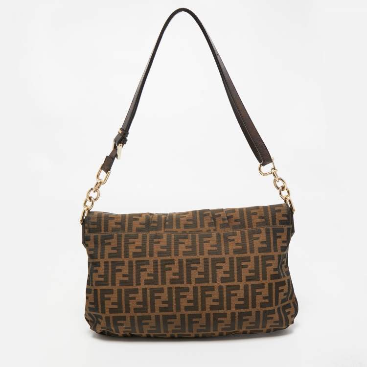 Pre Owned Fendi Tobacco Zucca Canvas and Patent Leather Mia Flap Crossbody Bag