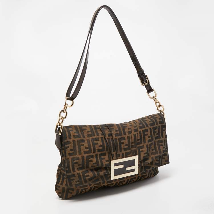 Pre Owned Fendi Tobacco Zucca Canvas and Patent Leather Mia Flap Crossbody Bag