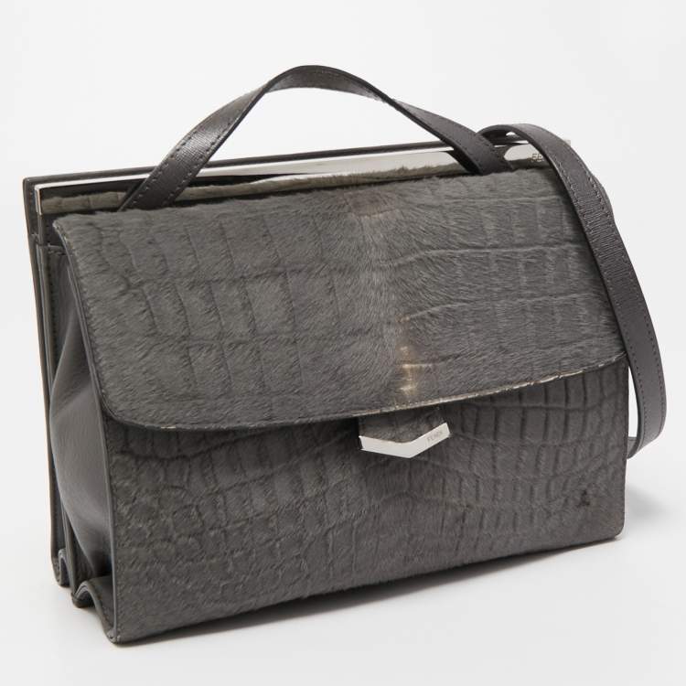 Pre Owned Fendi Grey Croc Embossed Calfhair and Leather Small Demi Jour Top Handle Bag
