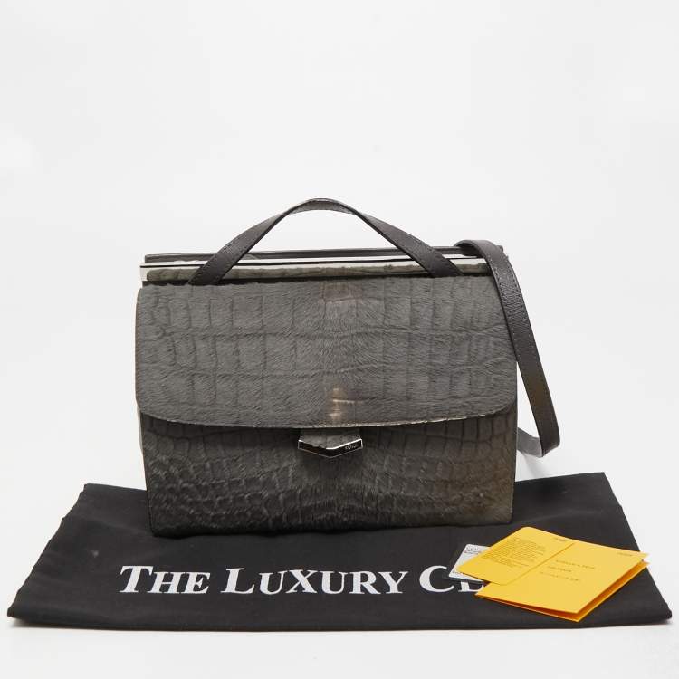 Pre Owned Fendi Grey Croc Embossed Calfhair and Leather Small Demi Jour Top Handle Bag