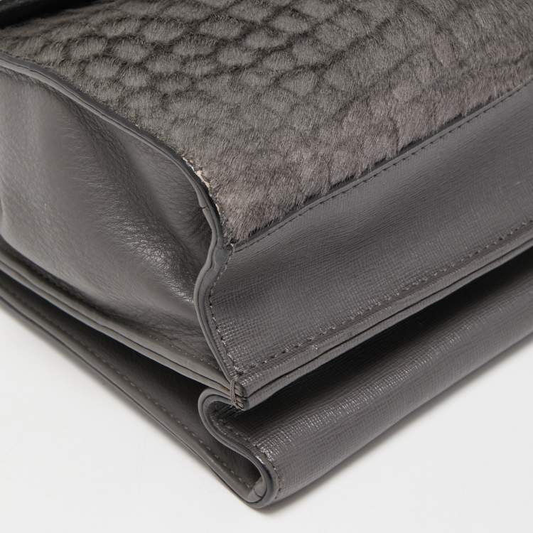 Pre Owned Fendi Grey Croc Embossed Calfhair and Leather Small Demi Jour Top Handle Bag