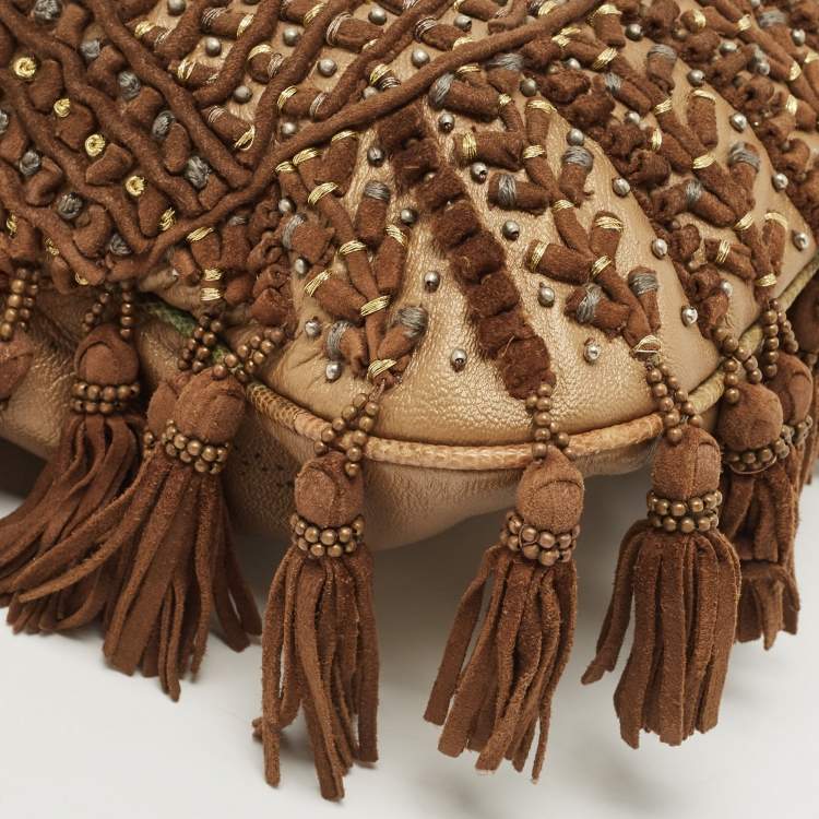 Pre Owned Fendi Brown/Multicolor Leather and Lizard Trim Small Tassel Oyster Hobo
