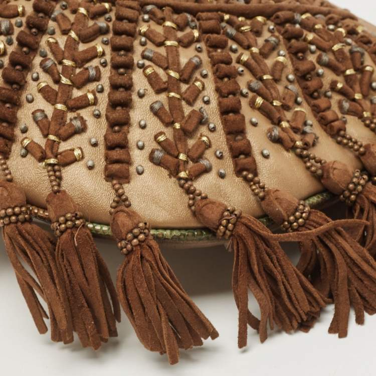 Pre Owned Fendi Brown/Multicolor Leather and Lizard Trim Small Tassel Oyster Hobo