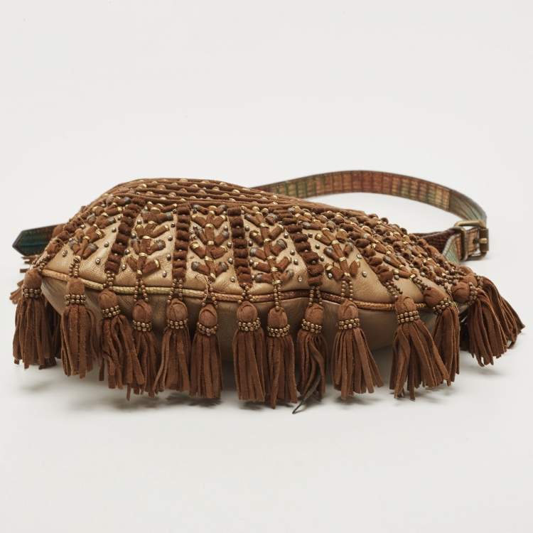 Pre Owned Fendi Brown/Multicolor Leather and Lizard Trim Small Tassel Oyster Hobo