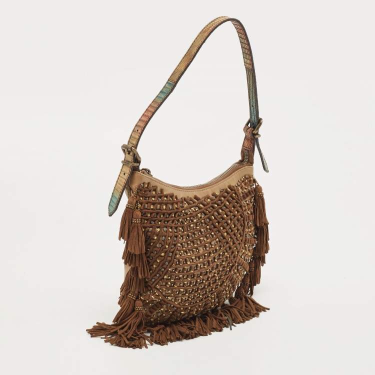 Pre Owned Fendi Brown/Multicolor Leather and Lizard Trim Small Tassel Oyster Hobo