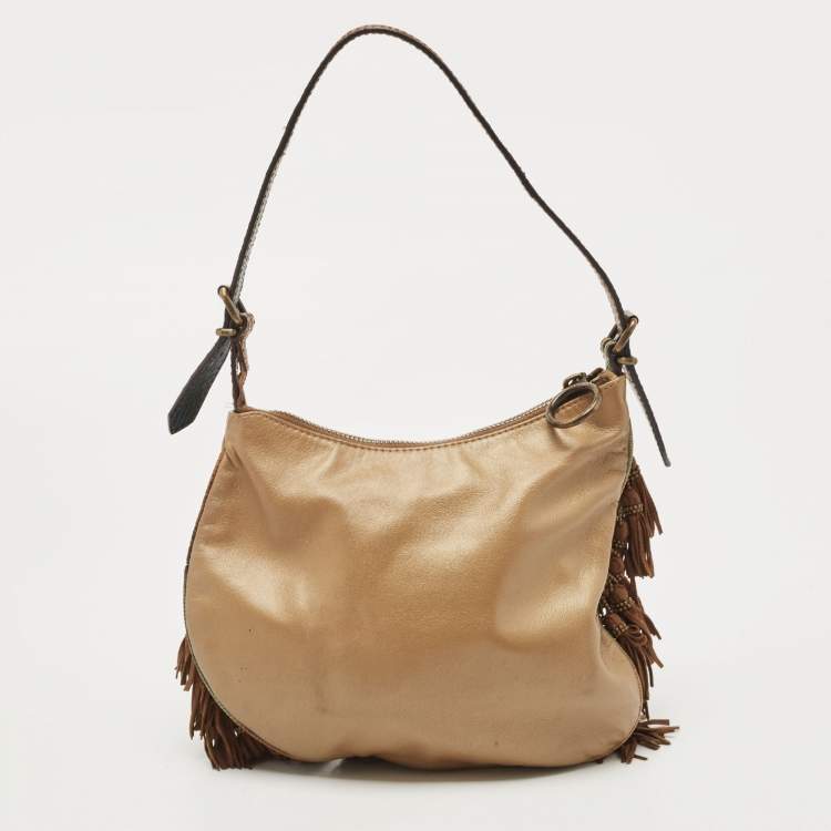 Pre Owned Fendi Brown/Multicolor Leather and Lizard Trim Small Tassel Oyster Hobo