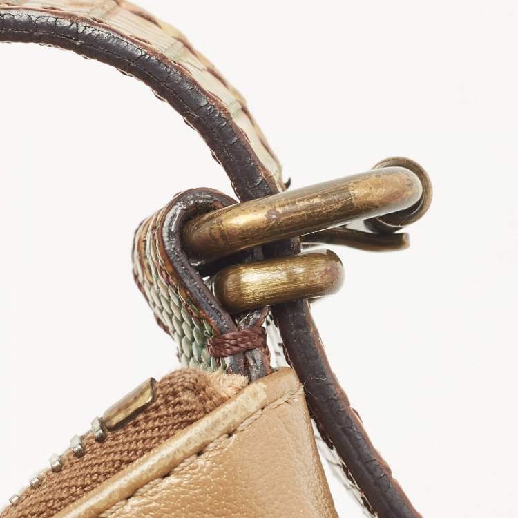 Pre Owned Fendi Brown/Multicolor Leather and Lizard Trim Small Tassel Oyster Hobo