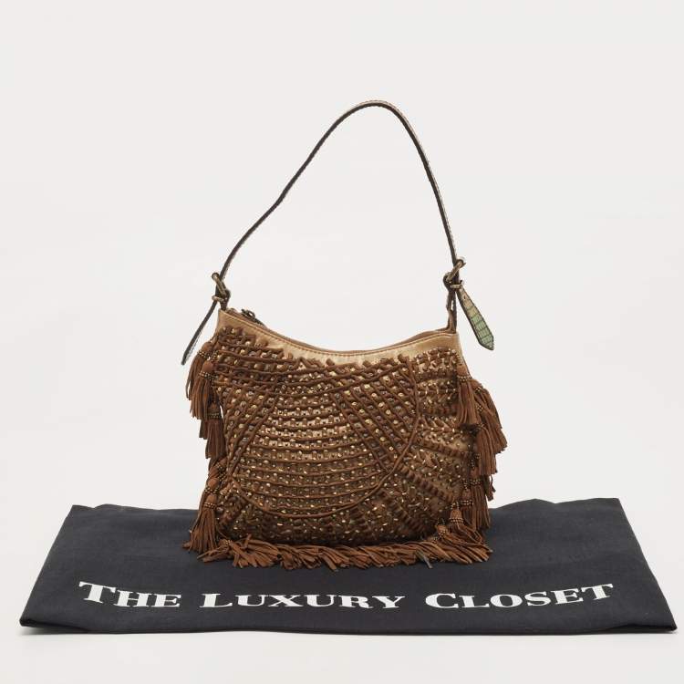 Pre Owned Fendi Brown/Multicolor Leather and Lizard Trim Small Tassel Oyster Hobo