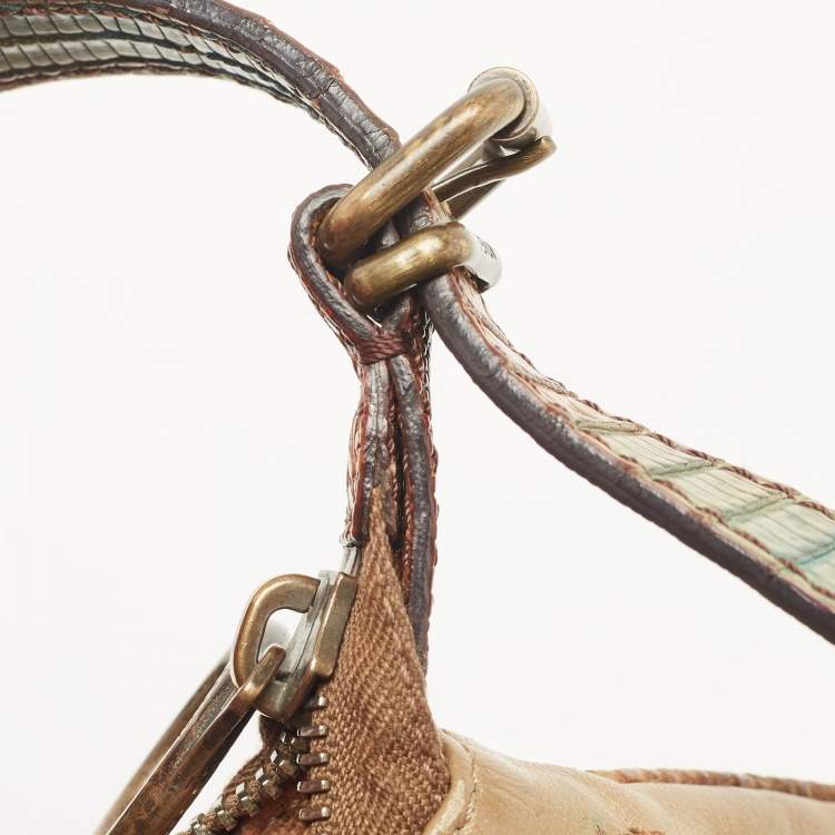 Pre Owned Fendi Brown/Multicolor Leather and Lizard Trim Small Tassel Oyster Hobo