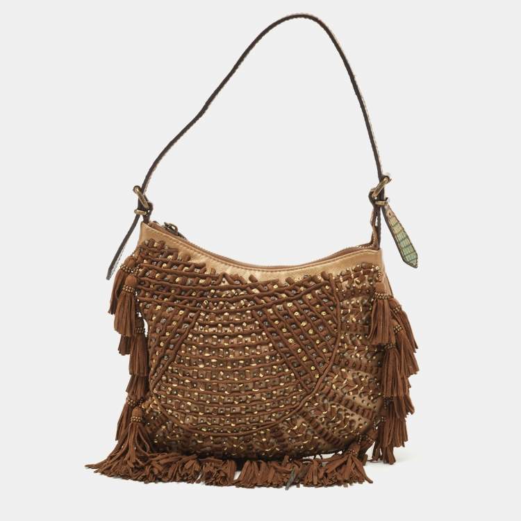 Pre Owned Fendi Brown/Multicolor Leather and Lizard Trim Small Tassel Oyster Hobo