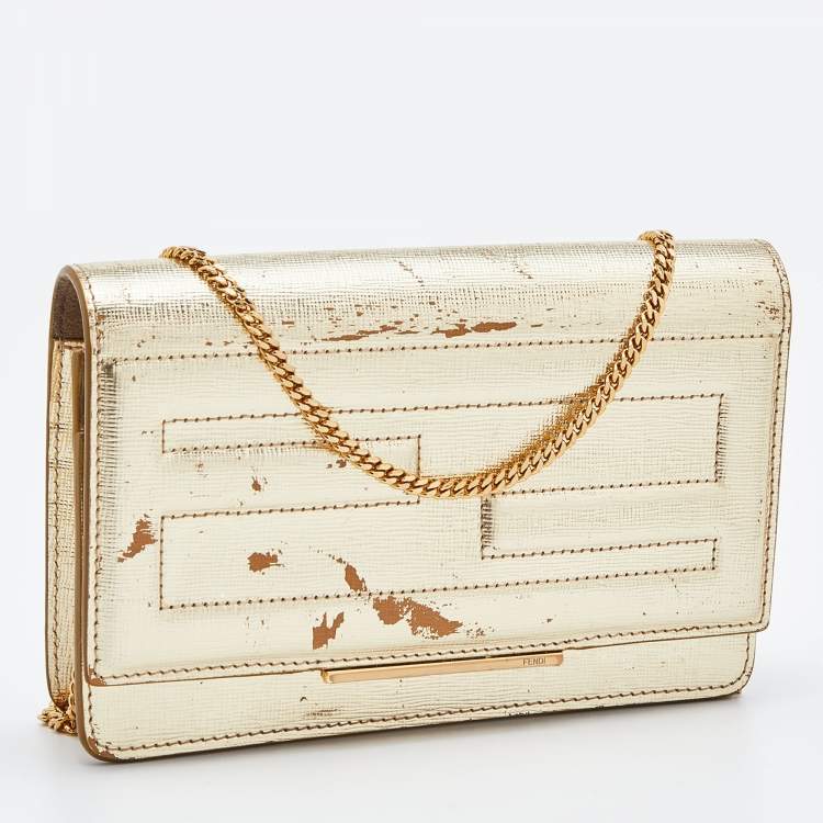 Pre Owned Fendi Gold Laminated Leather Tube On Chain Wallet