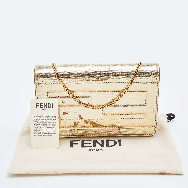 Pre Owned Fendi Gold Laminated Leather Tube On Chain Wallet