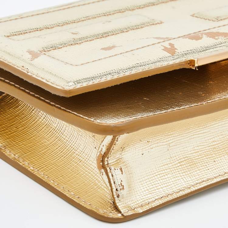 Pre Owned Fendi Gold Laminated Leather Tube On Chain Wallet