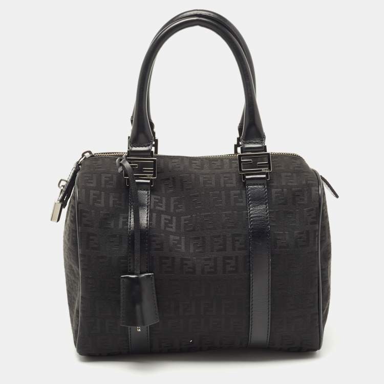Pre Owned Fendi Black Zucchino Fabric and Leather Small Forever Bauletto Boston Bag