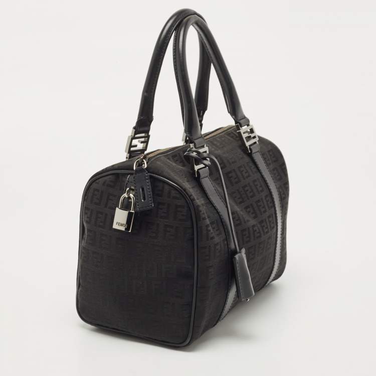 Pre Owned Fendi Black Zucchino Fabric and Leather Small Forever Bauletto Boston Bag