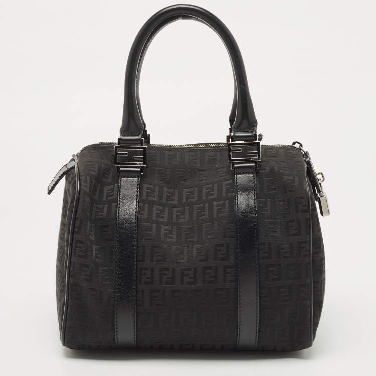 Pre Owned Fendi Black Zucchino Fabric and Leather Small Forever Bauletto Boston Bag