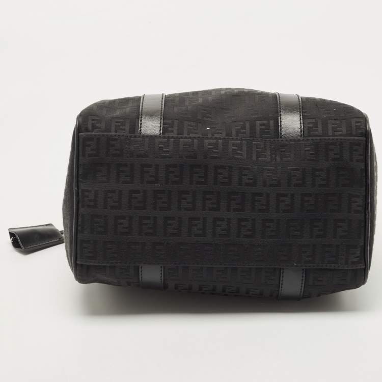 Pre Owned Fendi Black Zucchino Fabric and Leather Small Forever Bauletto Boston Bag