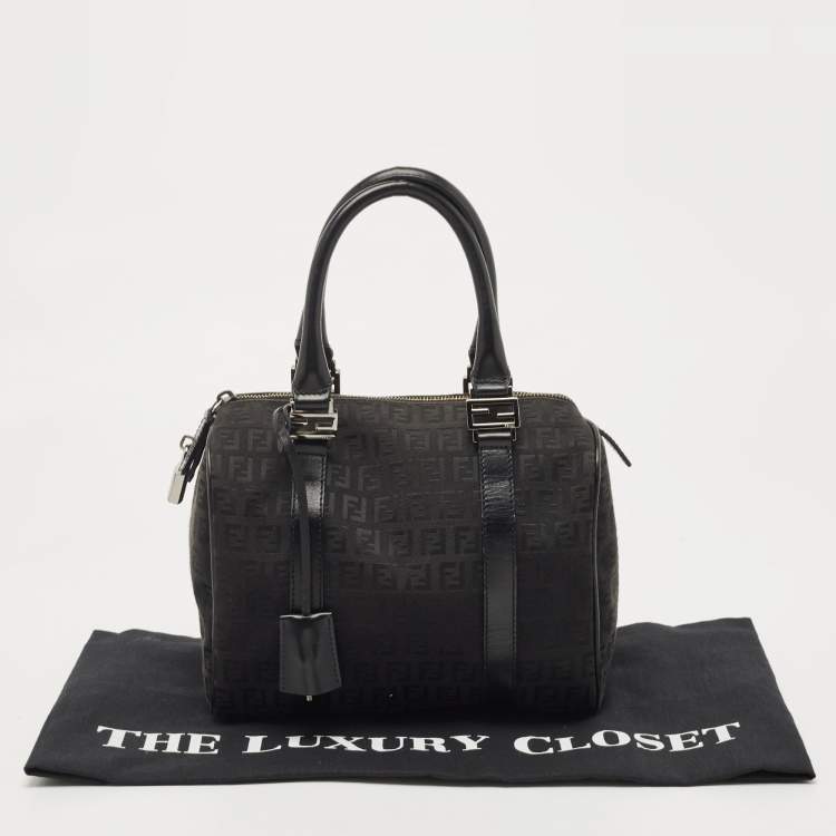 Pre Owned Fendi Black Zucchino Fabric and Leather Small Forever Bauletto Boston Bag