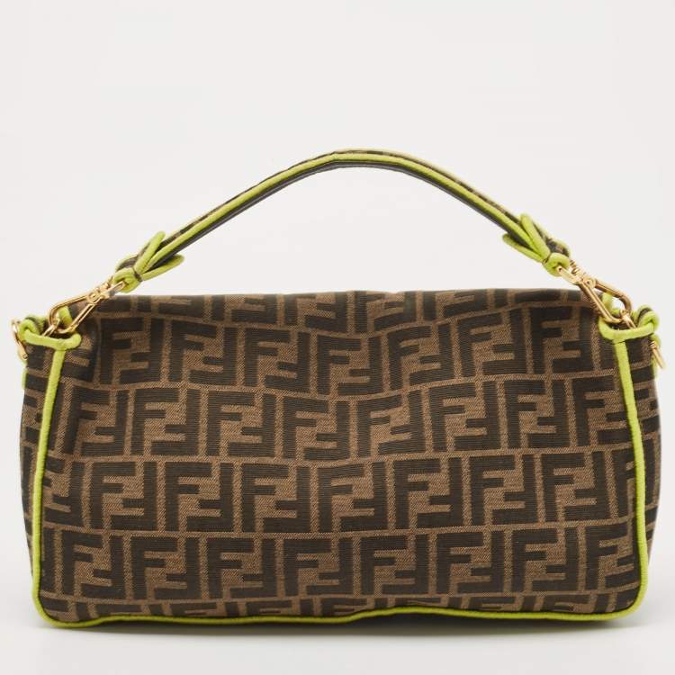 Pre Owned Fendi Neon Green/Tobacco Zucca Canvas Large Baguette Shoulder Bag