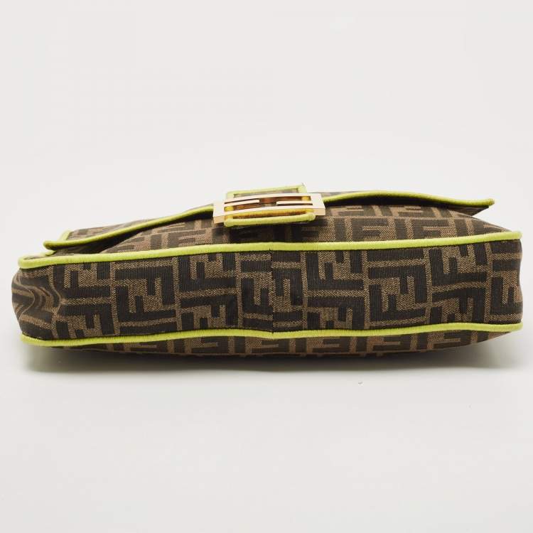 Pre Owned Fendi Neon Green/Tobacco Zucca Canvas Large Baguette Shoulder Bag